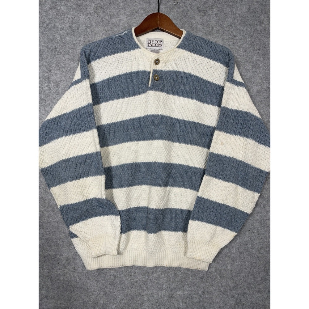 Vintage Tip Top Tailors Sweater Mens Small Blue Cream Striped Henley Knit Canada